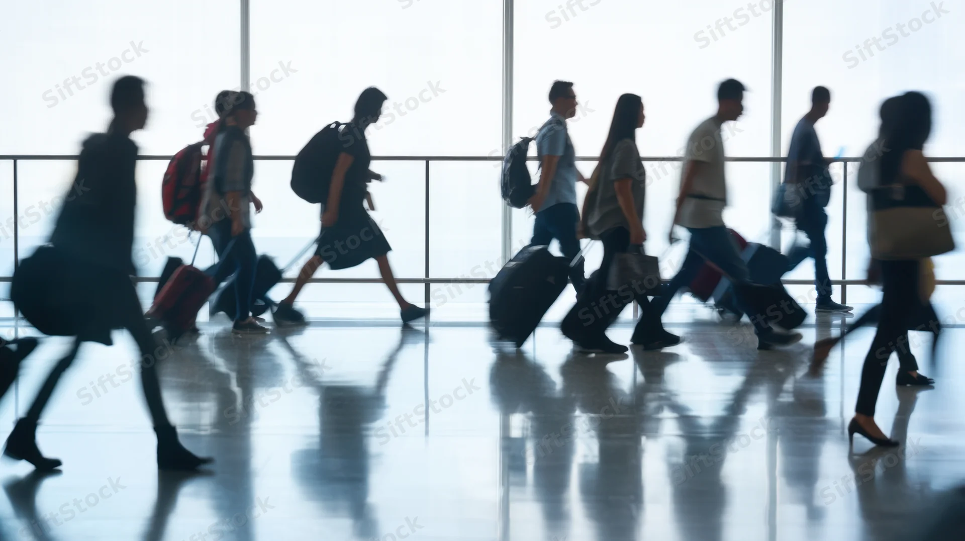 Silhouetted travelers walking with luggage through a modern airport terminal