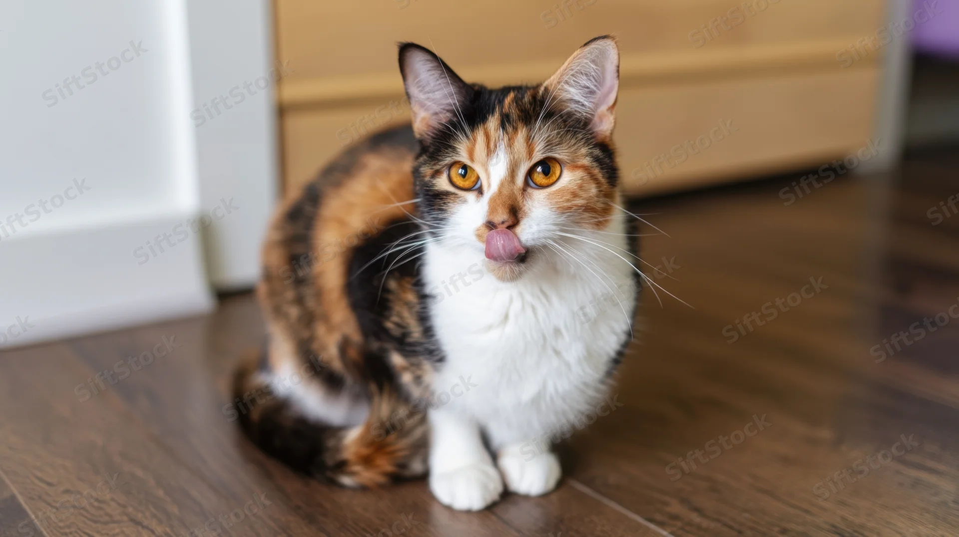 Calico cat sitting on wooden floor licking its nose