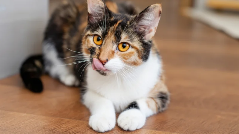 Calico cat licking its nose while sitting on a wooden floor indoors