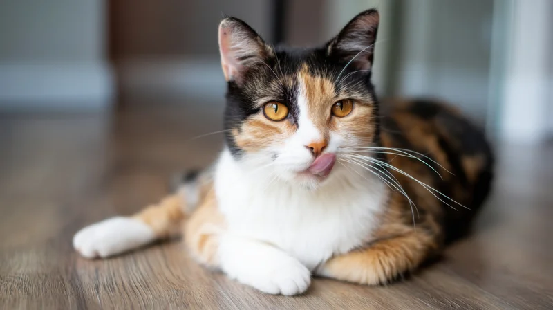 Calico cat lying on wooden floor with tongue out licking lips