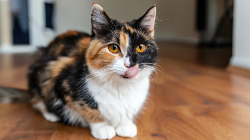 Calico cat sitting on hardwood floor licking its nose