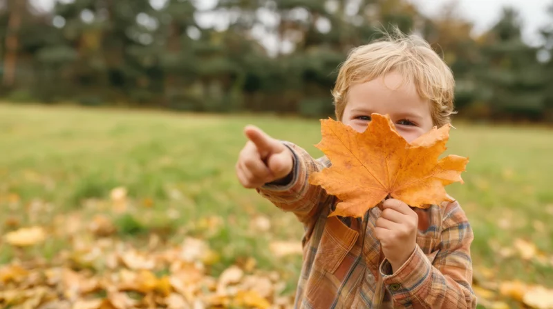 Young boy holding autumn maple leaf over face while pointing in a grassy park