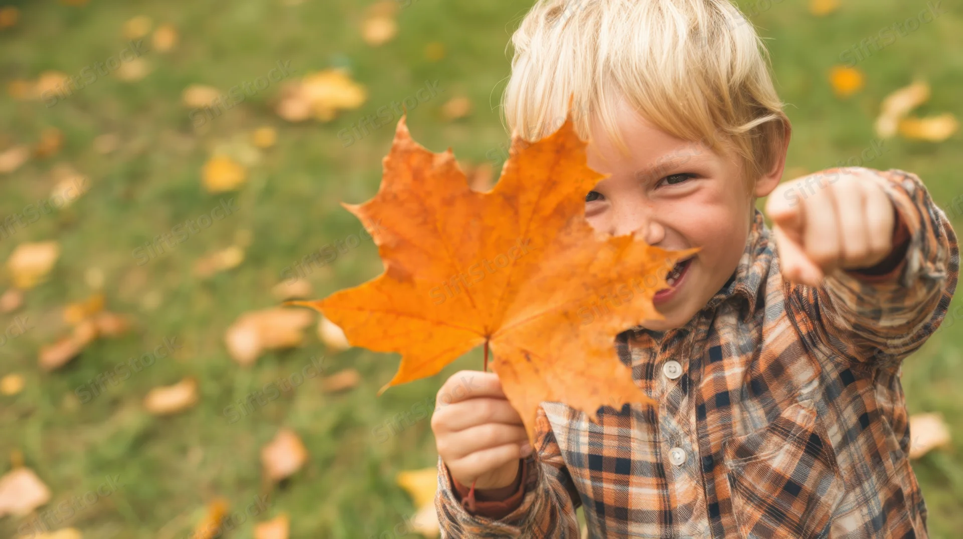 Young boy smiling and pointing while holding a large orange maple leaf in an autumn park