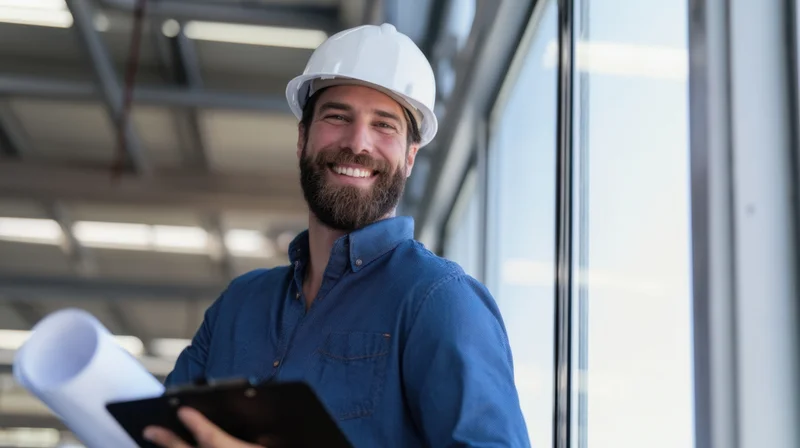 Smiling engineer in white hardhat holding clipboard and blueprint inside modern building interior