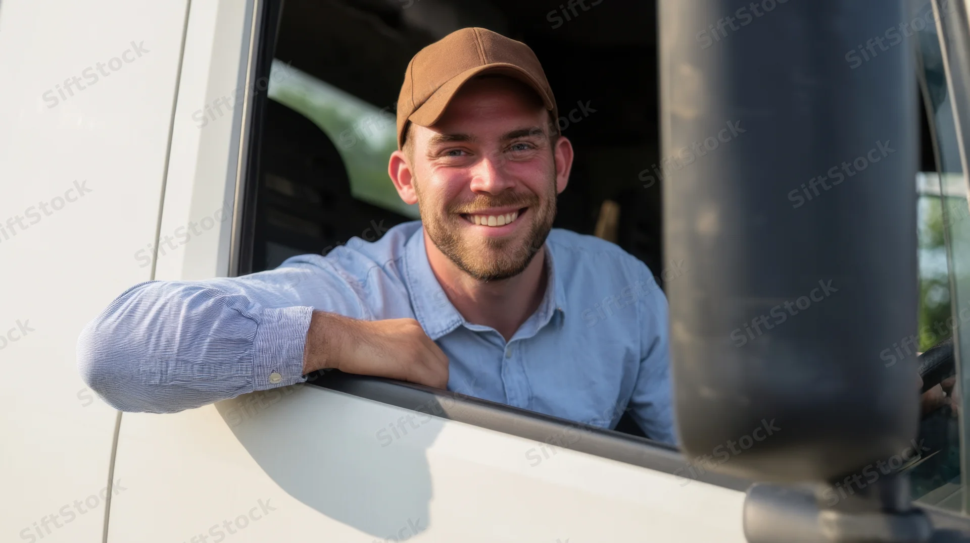 Smiling truck driver leaning out of van window during daytime delivery