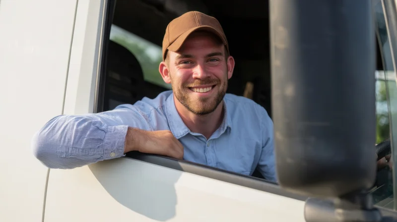 Smiling truck driver leaning out of van window during daytime delivery