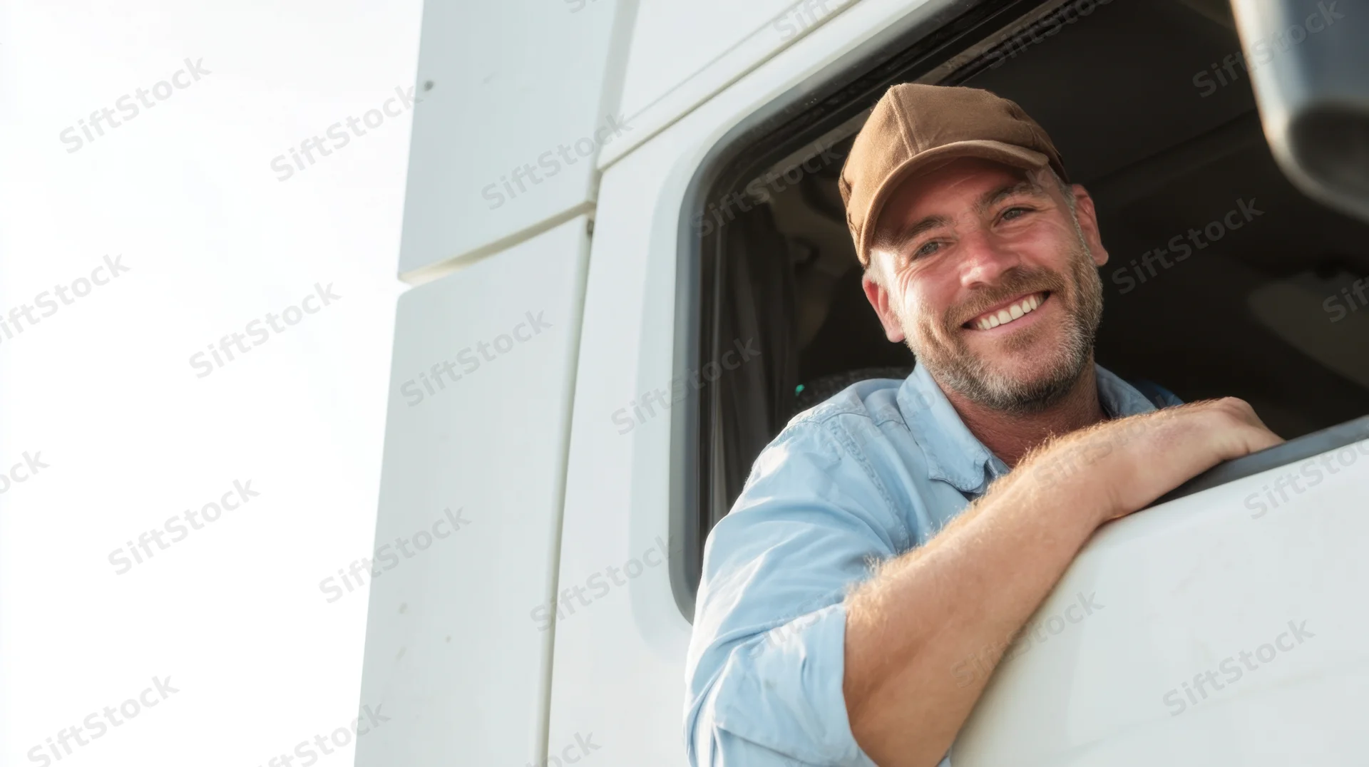 Truck driver smiling from cab window of white truck