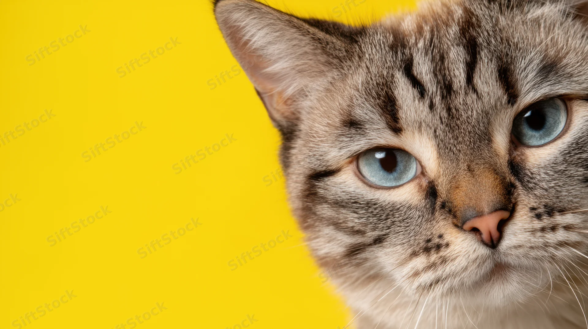 Close-up of a tabby cat's face with blue eyes looking toward the right against a bright yellow background