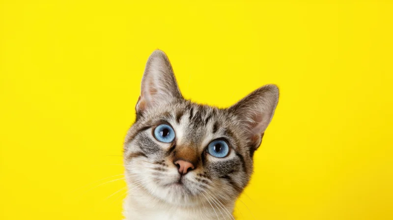 Close-up of a tabby cat with blue eyes looking up against a bright yellow background