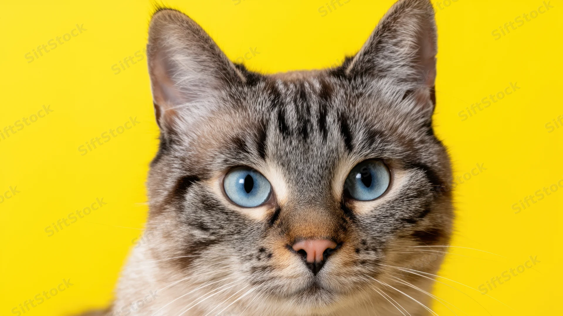 Close-up of a tabby cat with blue eyes against a bright yellow background