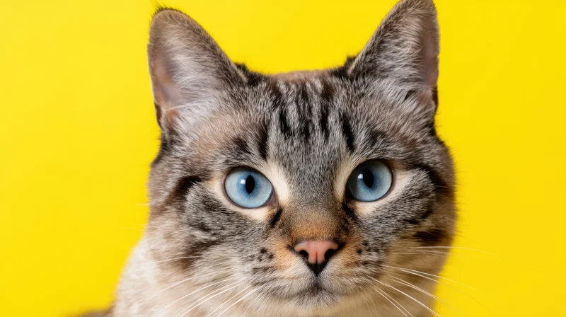 Close-up of a tabby cat with blue eyes against a bright yellow background