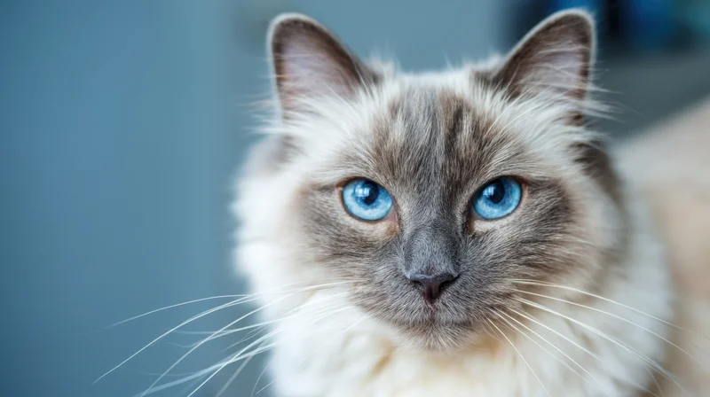 Close-up of a siamese cat with striking blue eyes and fluffy fur, looking directly at the camera against a soft blue background