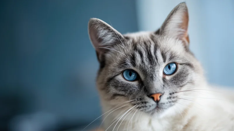 Close-up portrait of a gray and white striped cat with bright blue eyes looking alert indoors