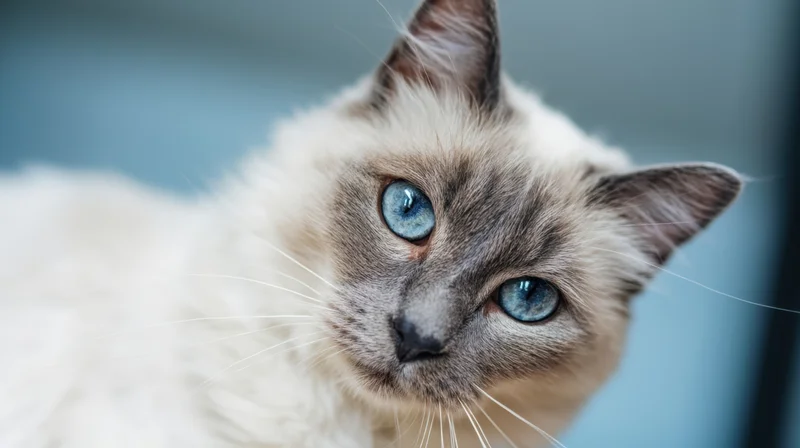 Close-up of a siamese cat with blue eyes looking alertly at the camera