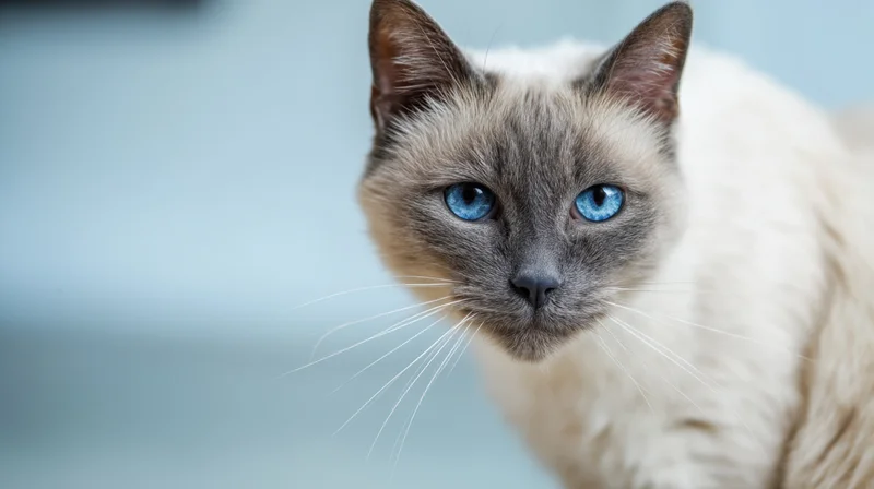 Close-up of a siamese cat with striking blue eyes looking directly at the camera indoors