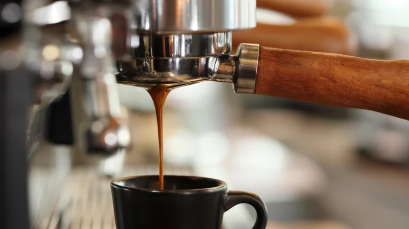 Espresso pouring from machine into black cup in cafe