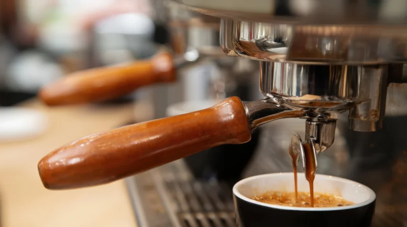 Espresso dripping from a portafilter into a cup on a coffee machine counter