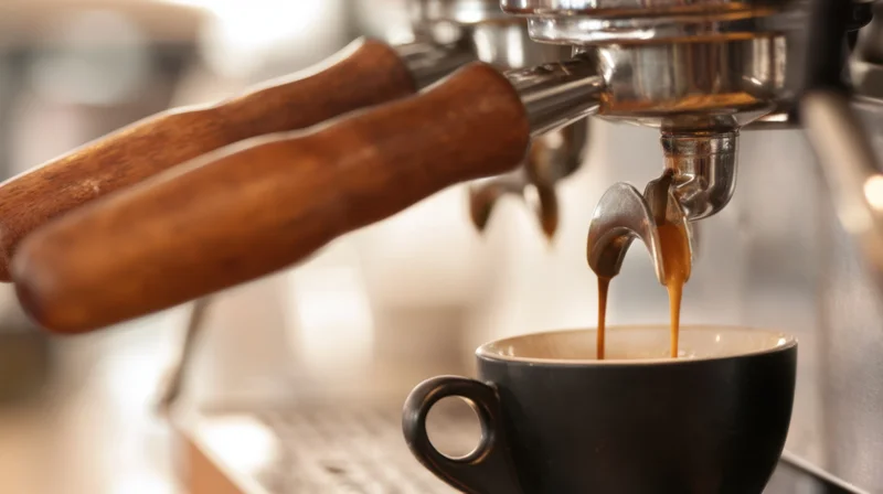 Espresso machine pouring coffee into a black cup in a cafe