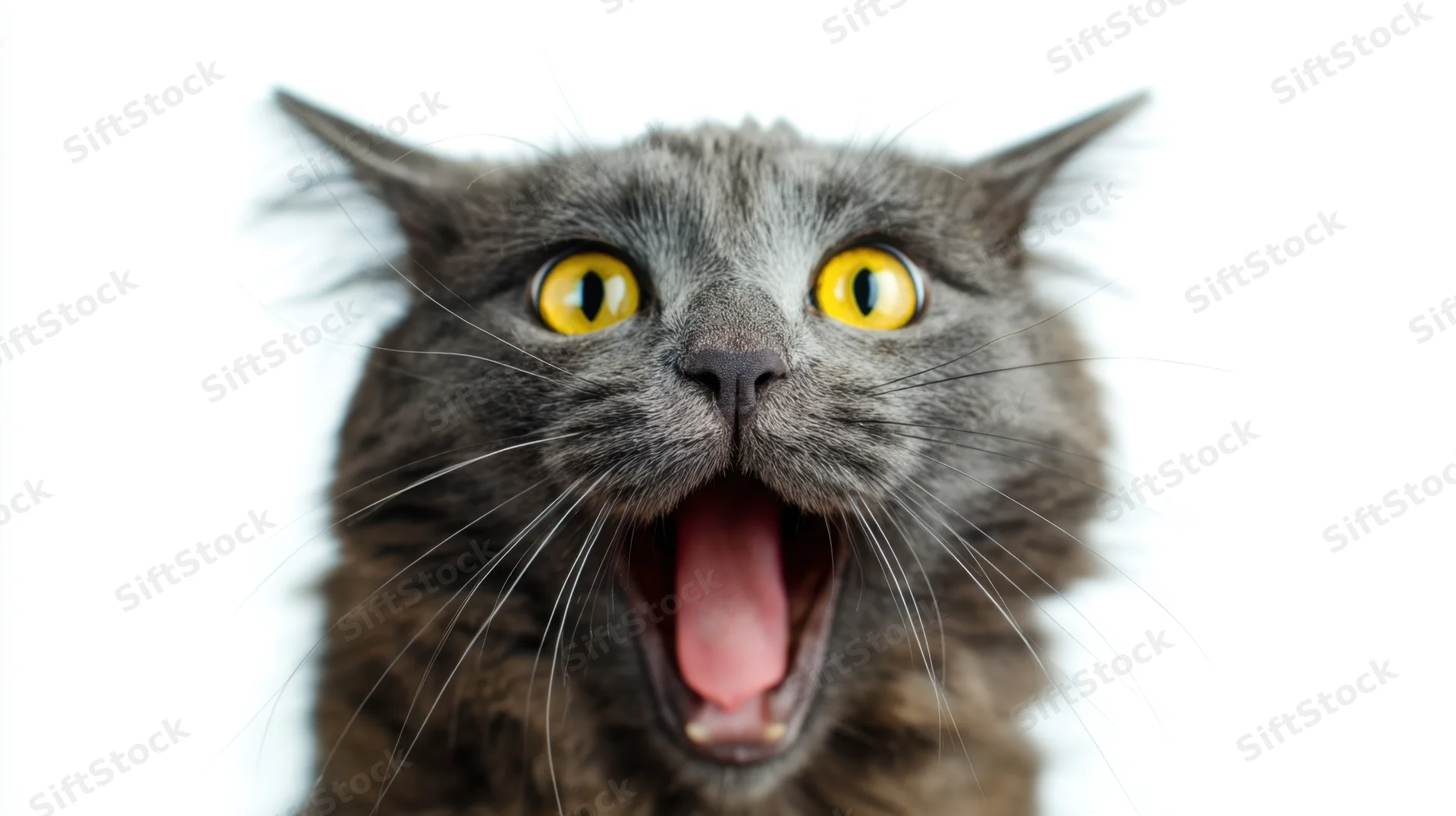 Close-up of a gray cat with wide yellow eyes and open mouth against a white background