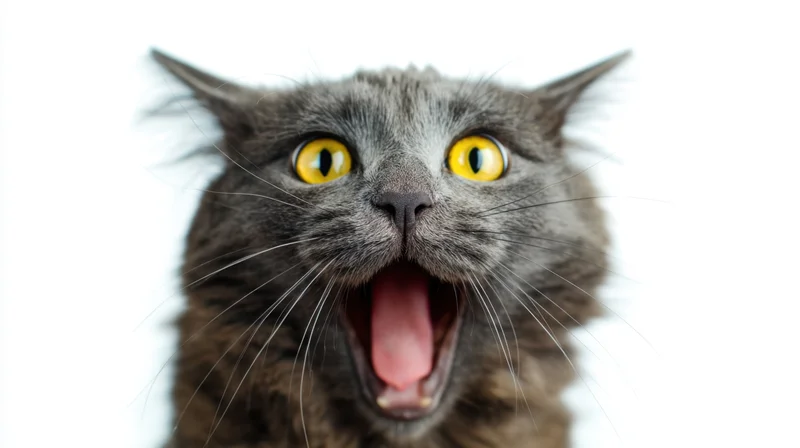 Close-up of a gray cat with wide yellow eyes and open mouth against a white background