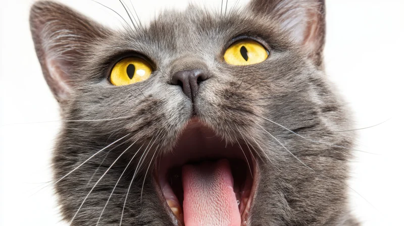 Close-up of a gray cat yawning with mouth open and yellow eyes against white background