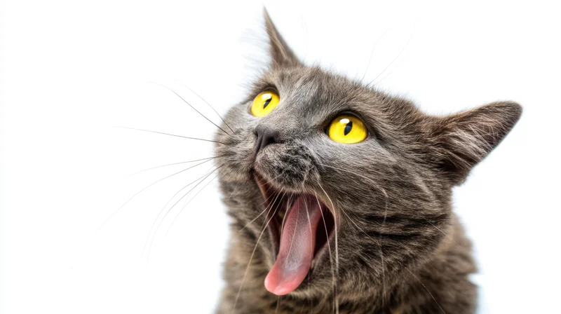 Close-up of a gray cat yawning with mouth open and yellow eyes against white background
