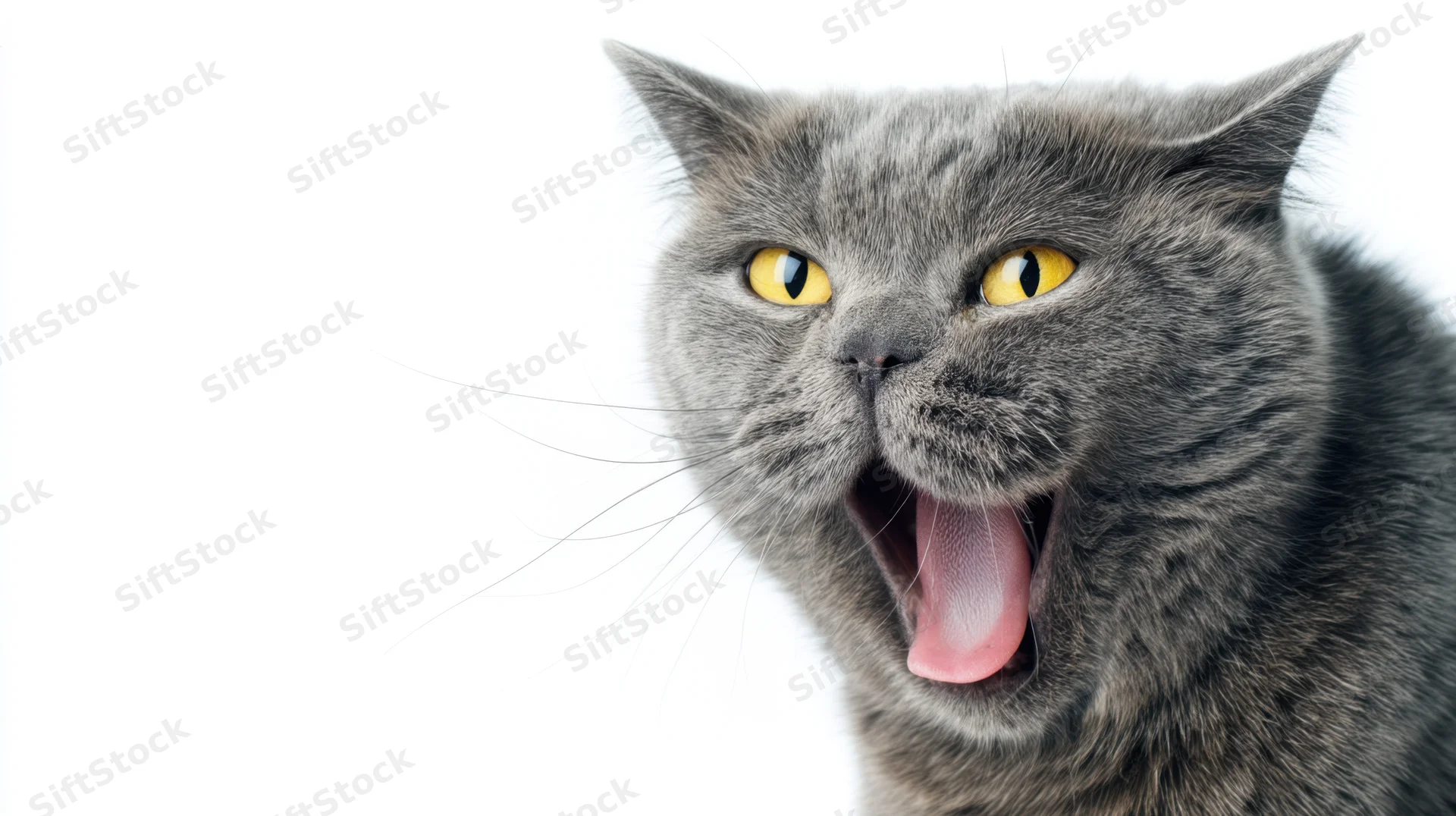 Close-up of a gray cat yawning with mouth open against white background