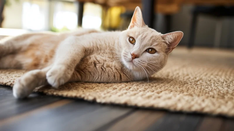 Cream-colored cat lying relaxed on a woven rug in a home interior