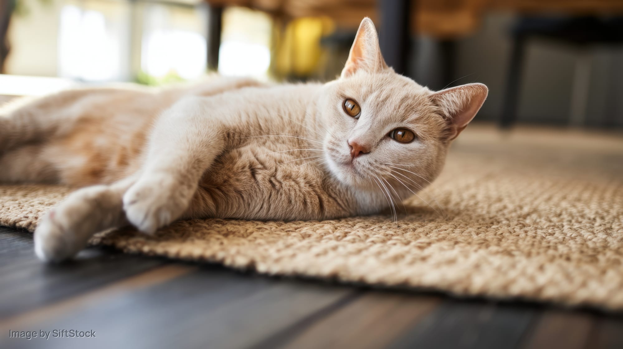 Cream-colored cat lying relaxed on a woven rug in a home interior