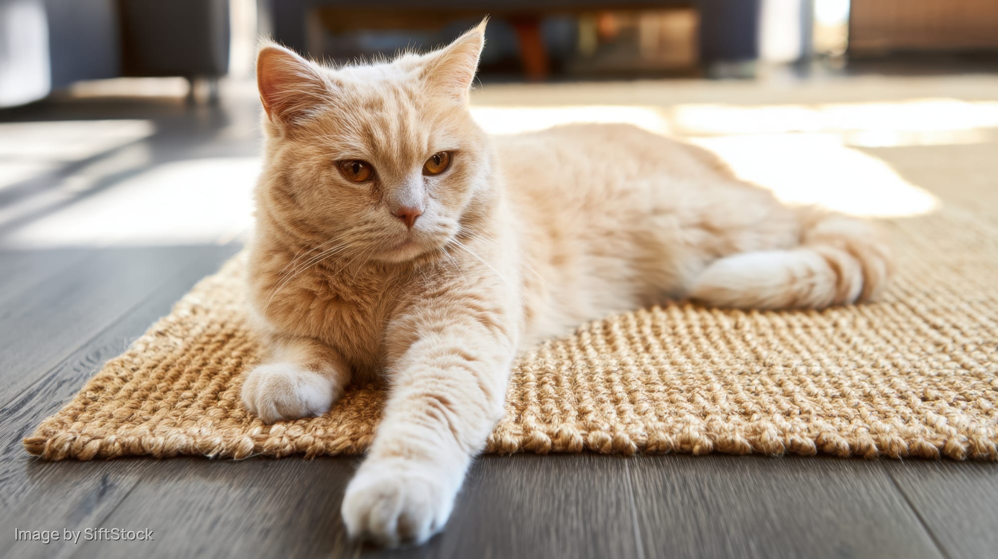 Cream-colored cat lying relaxed on woven rug in sunlit living room