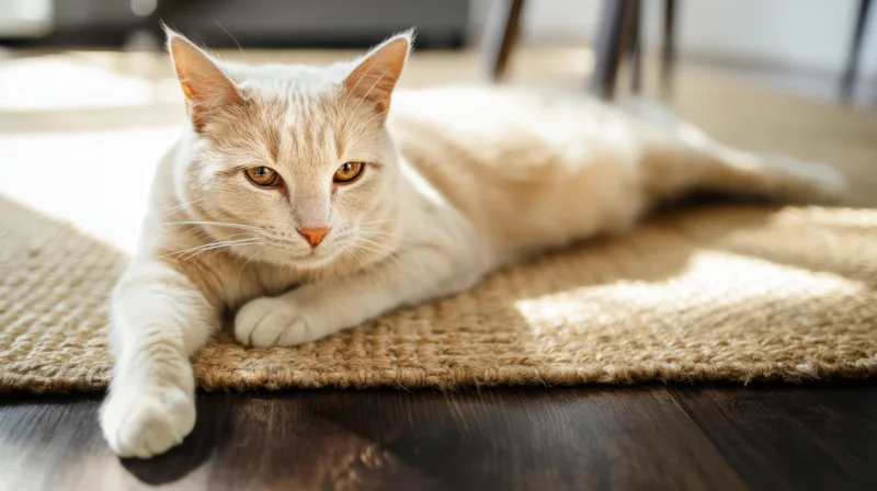Cream-colored cat lying on woven rug in sunlit home interior
