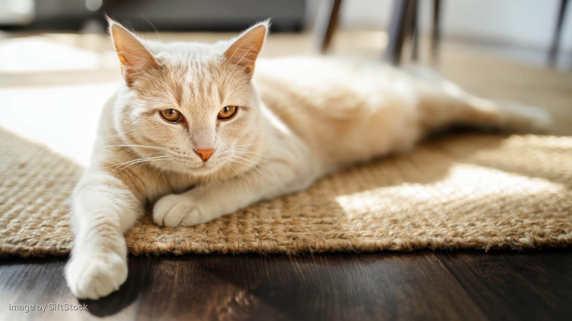 Cream-colored cat lying on woven rug in sunlit home interior
