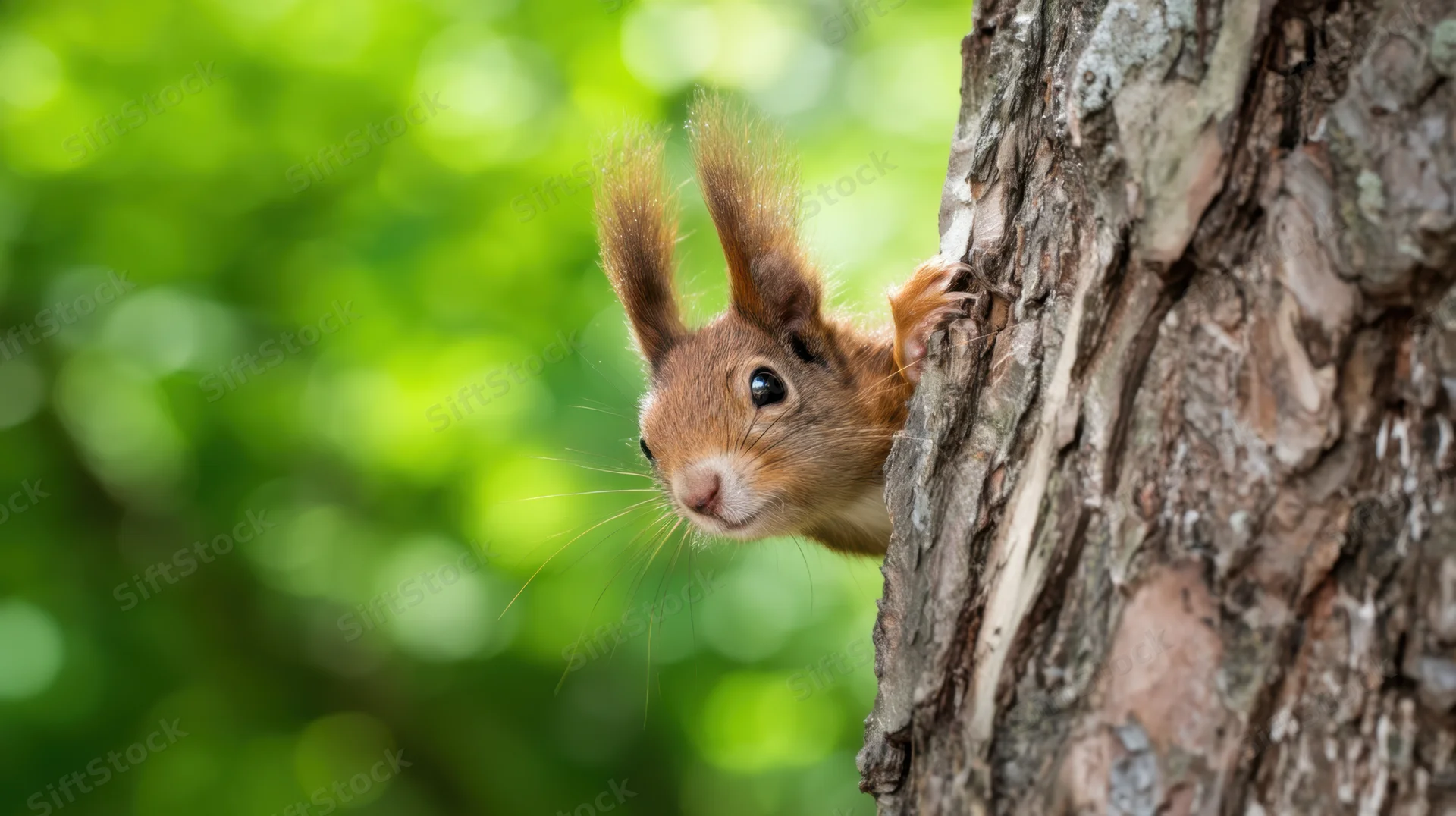 Red squirrel peeking from behind tree trunk in forest setting