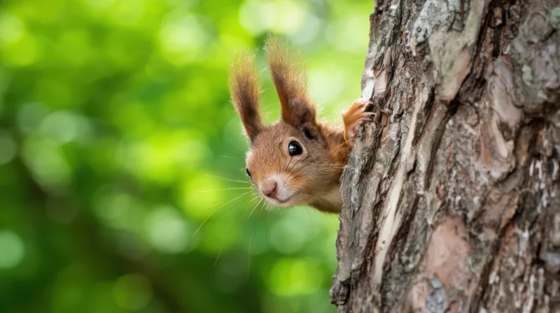 Red squirrel peeking from behind tree trunk in forest setting