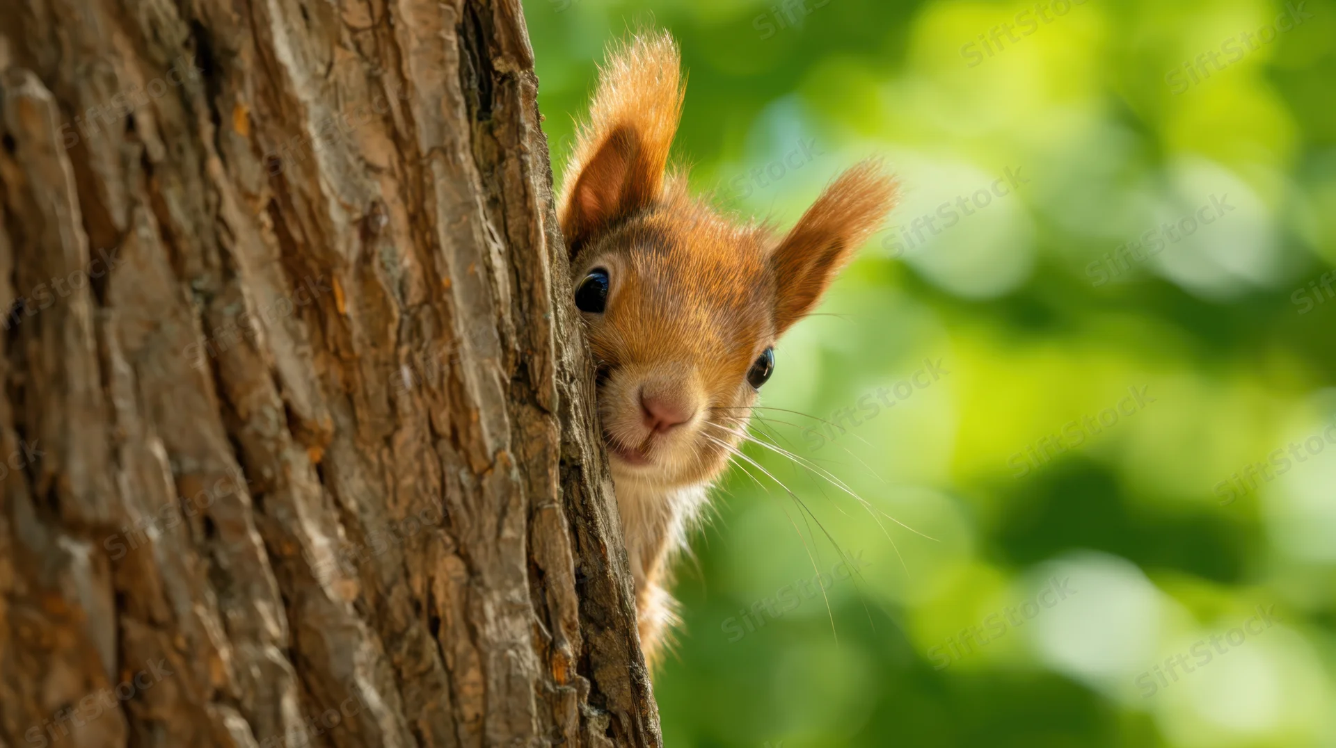 Red squirrel peeking from behind tree trunk in forest setting
