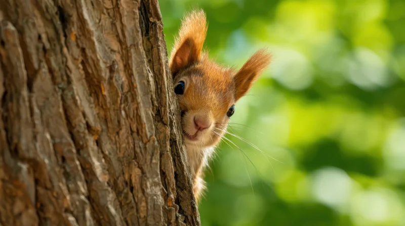 Red squirrel peeking from behind tree trunk in forest setting