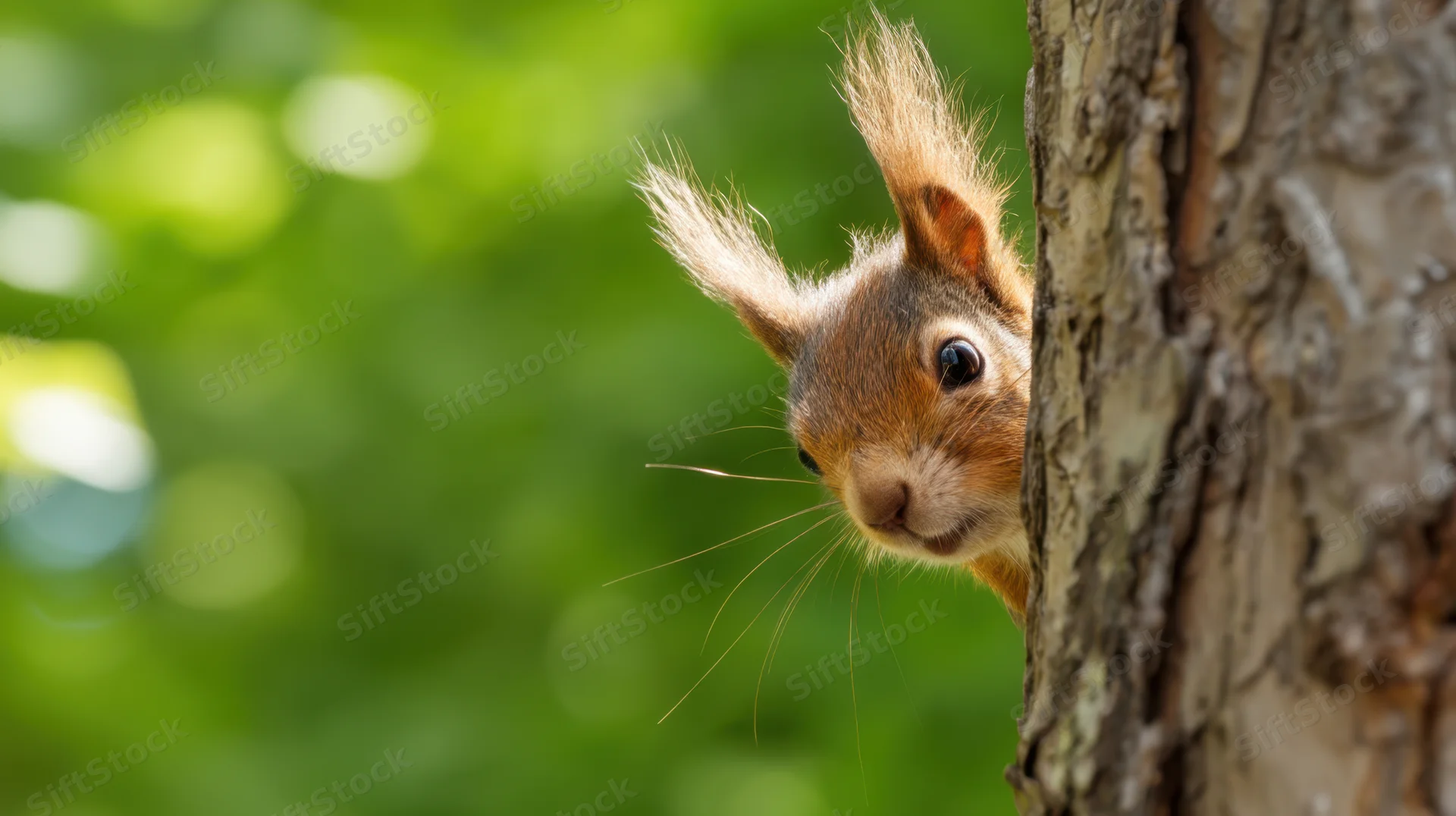 Red squirrel peeking from behind tree trunk in forest setting