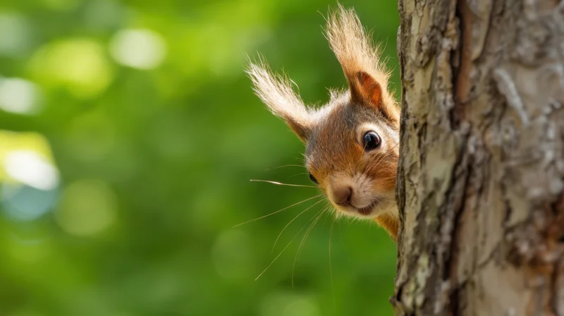 Red squirrel peeking from behind tree trunk in forest setting
