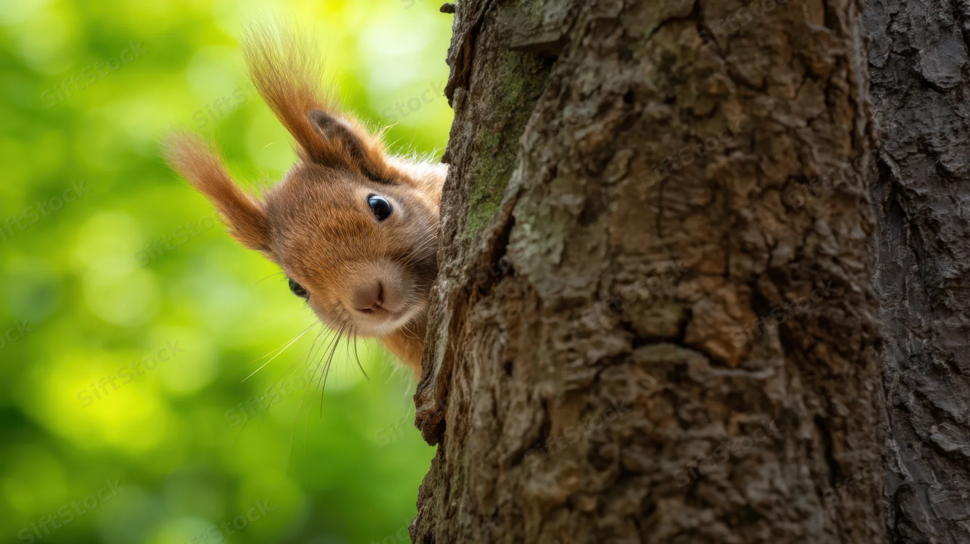 Red squirrel peeking from behind tree trunk in forest