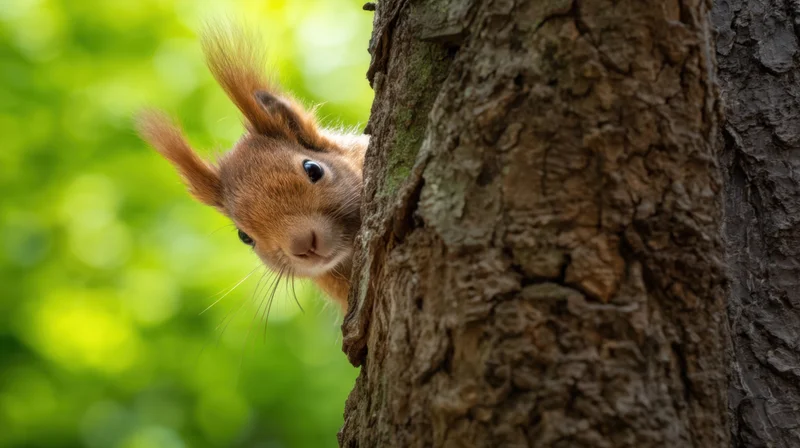 Red squirrel peeking from behind tree trunk in forest