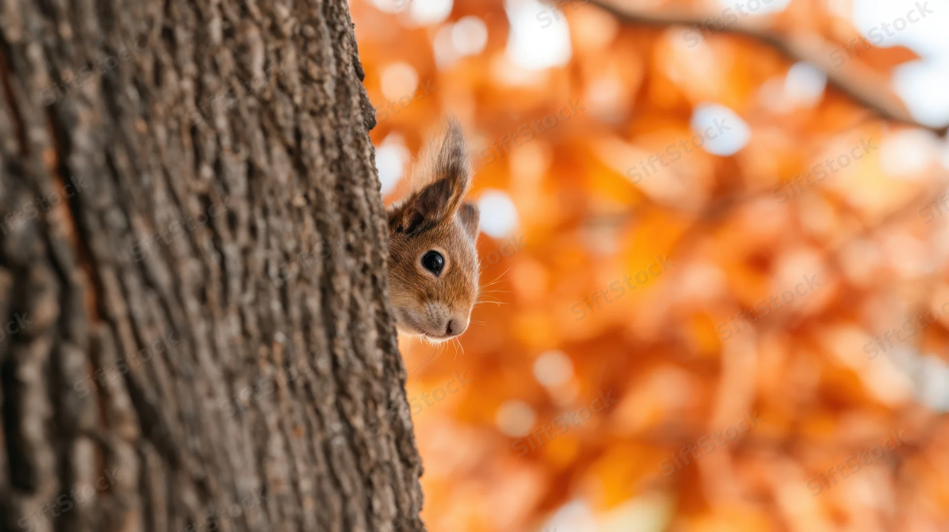 Squirrel peeking from behind tree trunk in autumn forest