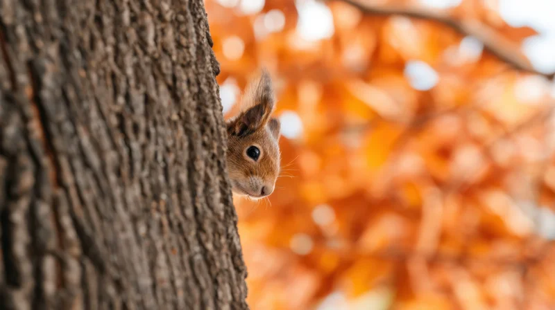 Squirrel peeking from behind tree trunk in autumn forest