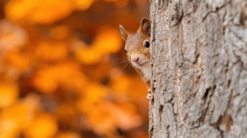 Red squirrel peeking from behind tree trunk in autumn forest