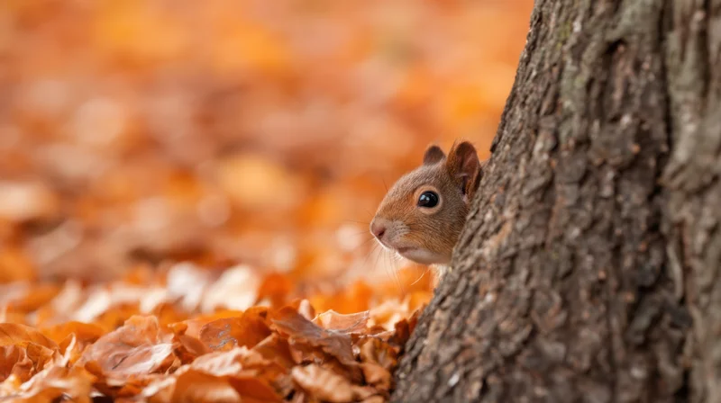 Red squirrel peeking from behind tree trunk in autumn forest with fallen leaves