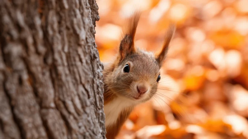 Red squirrel peeking from behind tree trunk in autumn forest