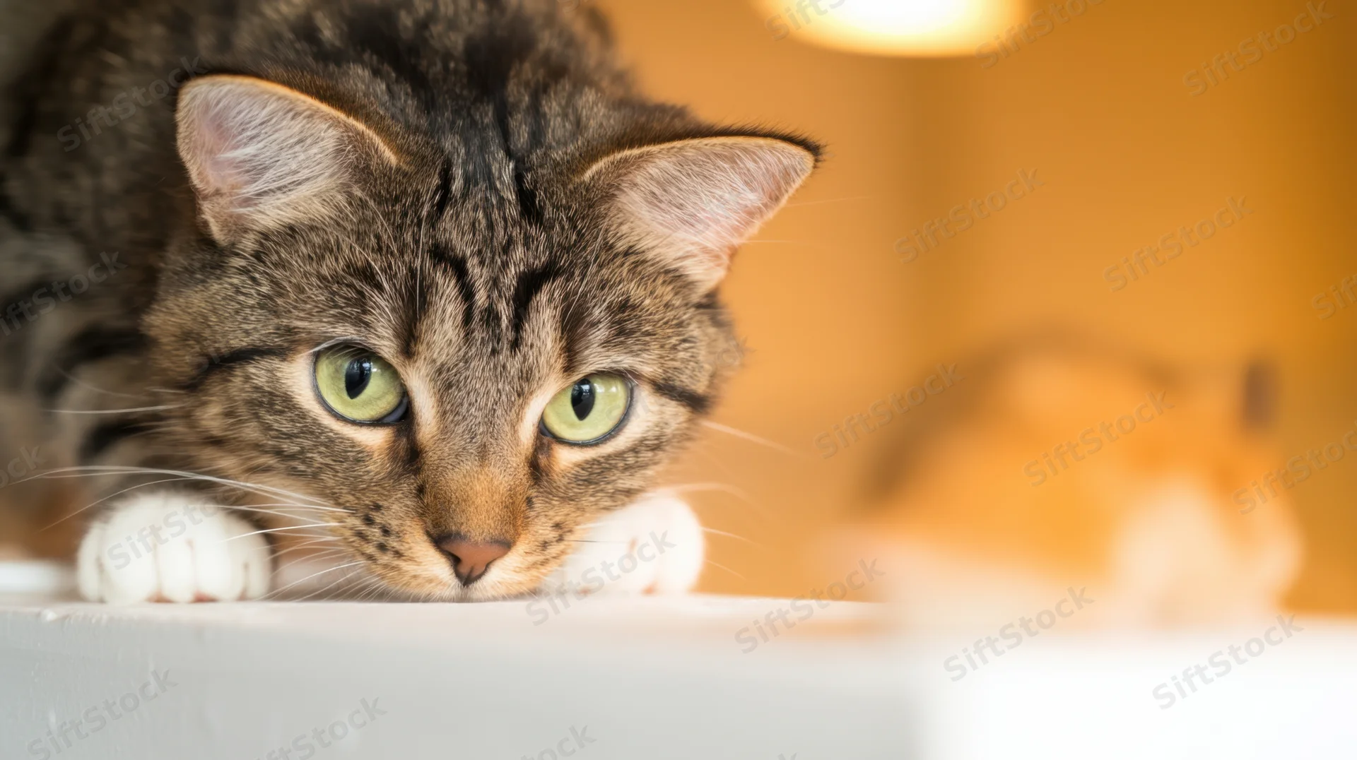 Tabby cat with green eyes resting on a white surface, looking forward with alert expression indoors