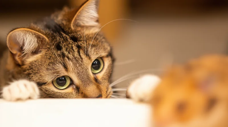 Tabby cat peeking over white surface with green eyes and paws visible