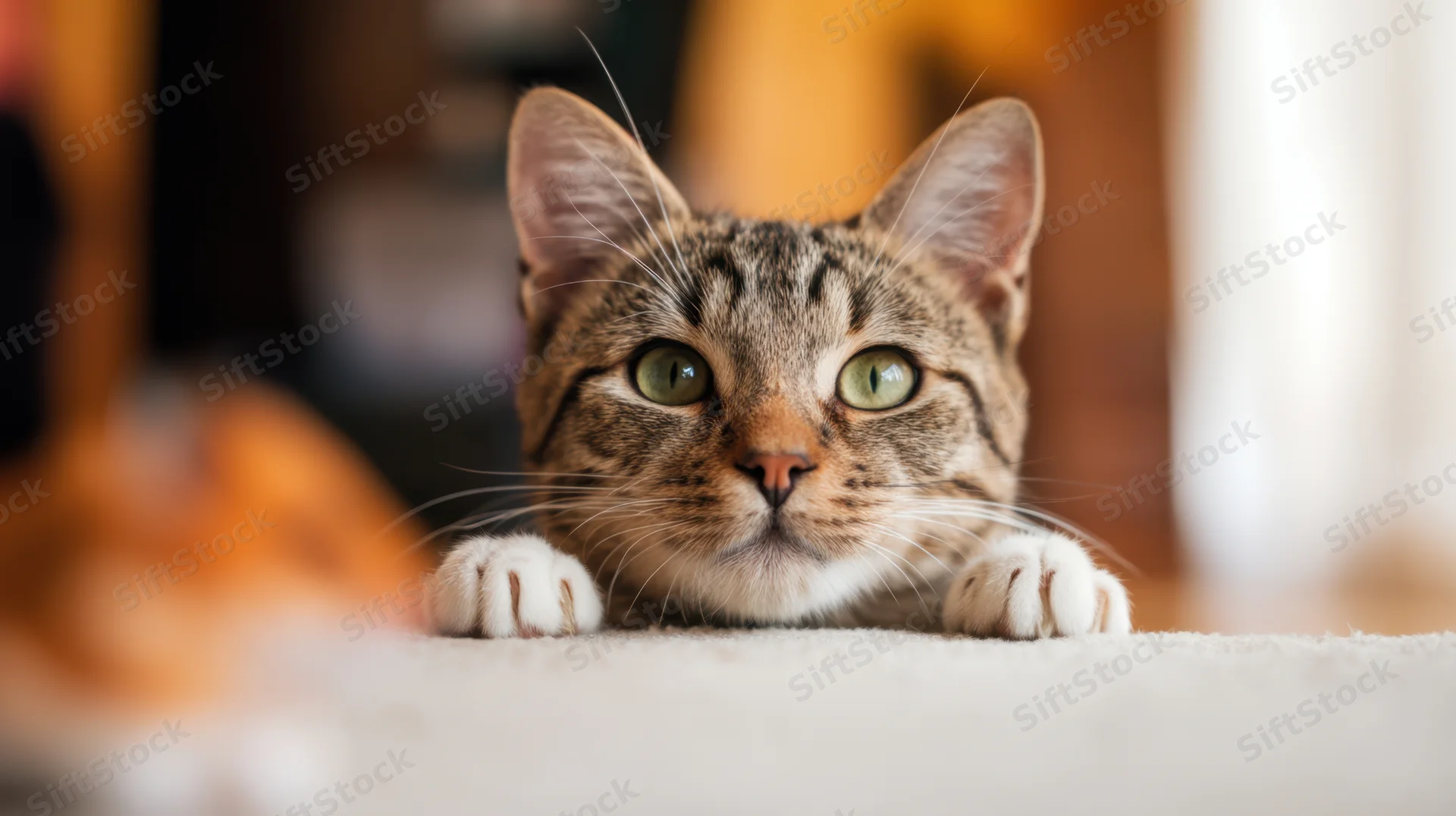 Tabby cat peeking over carpet with green eyes and white paws indoors