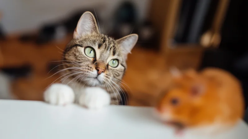 Tabby cat with green eyes looking alertly over white surface with hamster in blurred background