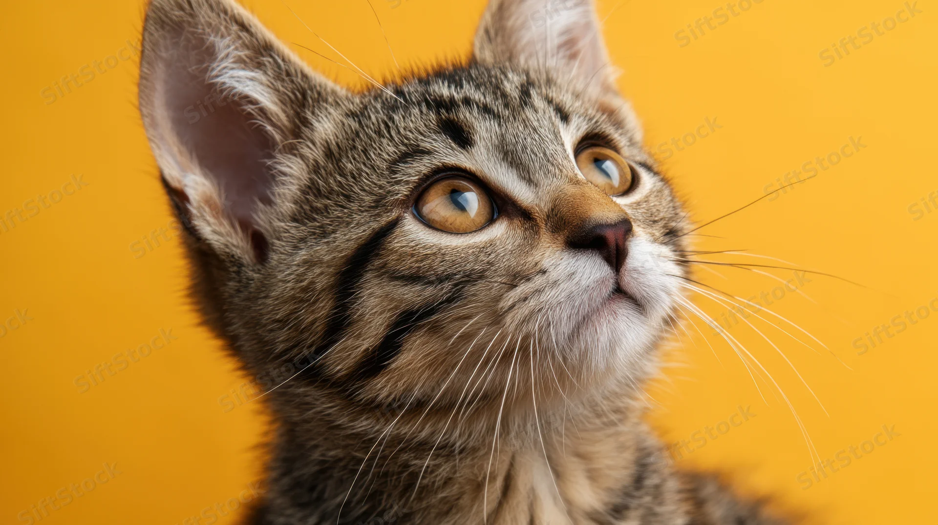 Closeup portrait of a curious tabby kitten looking up against a yellow background